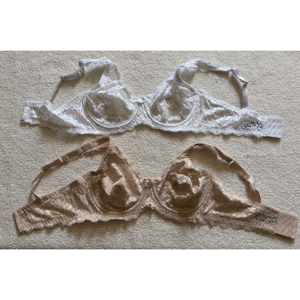 Lot of 2 Lace Unlined Underwire Bras White Nude Beige Floral 38C RN 72409